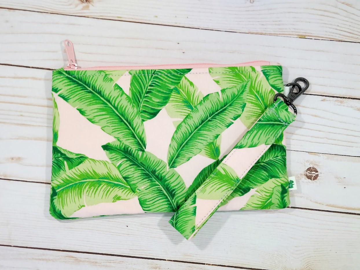 Palm Leaves Zipper Pouch with Wristlet Strap