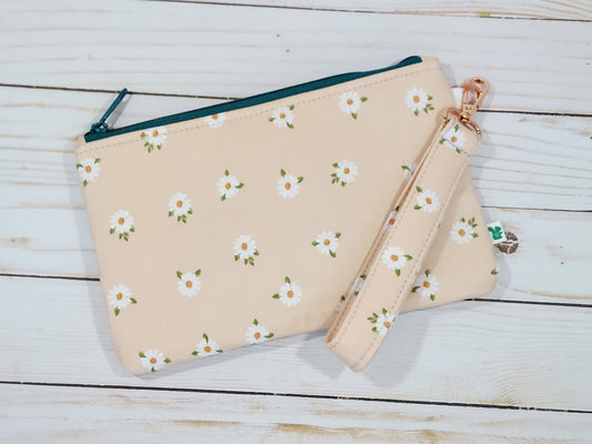 Dusty Pink Daisies Zipper Pouch with Wristlet Strap