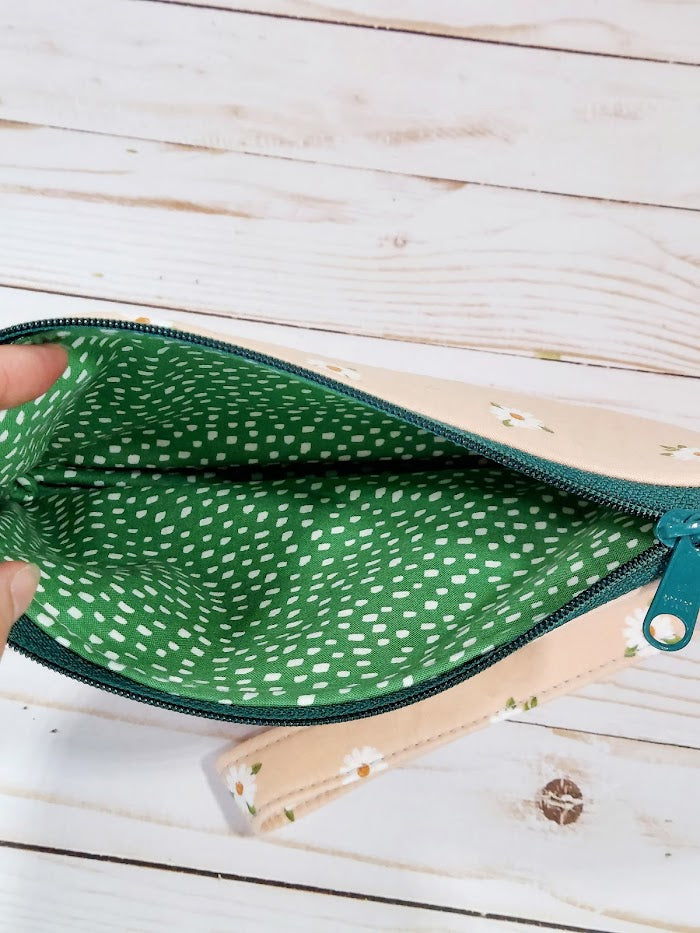 Dusty Pink Daisies Zipper Pouch with Wristlet Strap